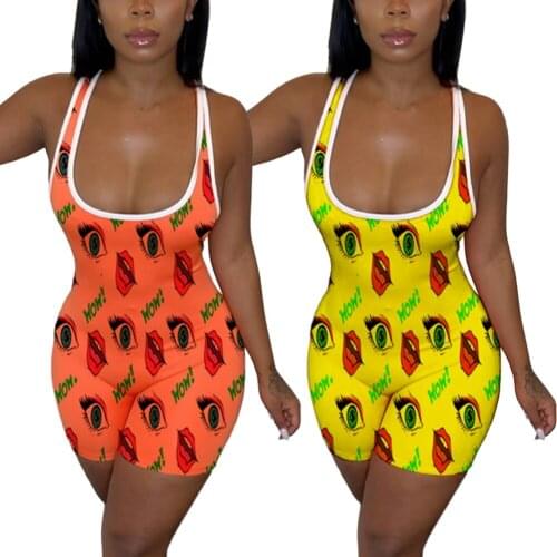 Women Sexy O-Neck Sleeveless Clubwear Bodycon Leotard Top Casual Peach Chili Print Button Sleepwear Print Jumpsuit Shorts Romper