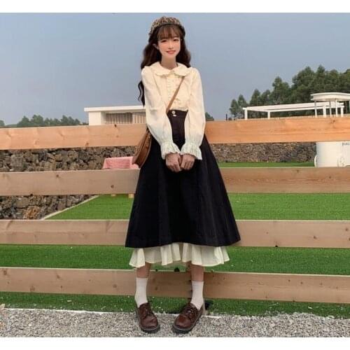 Skirt Womens Autumn and Winter 2020 new Japanese Dark Stitching Mid-Length High Waist Slimming A- line Skirt sweet Lolita skirt