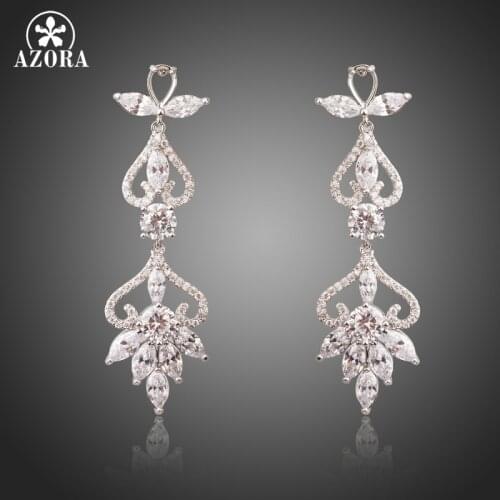 AZORA Brand Design Stylish Flower Shape Clear Eyes Crystal Drop Earrings for Women Wedding Party Jewelry Boucle D'Oreille TE0286