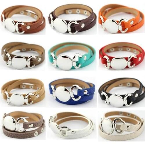New Fasion Classic Design Long PU Leather Wrap with Monogram Disc Charms Bracelets for Women Chic Initial Jewelry Blank Only