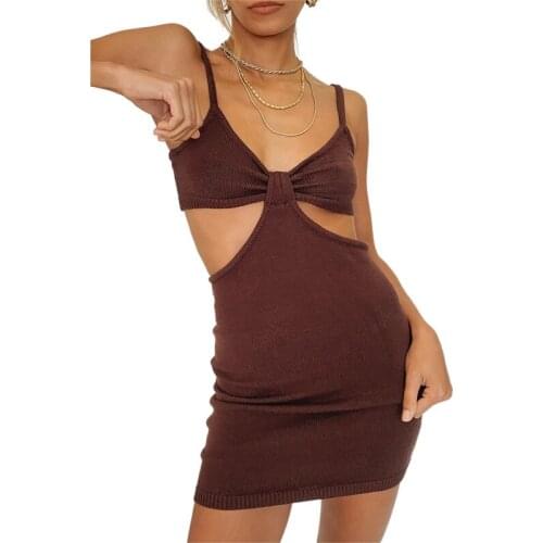 Women Fashion Sleeveless Hollow Out Dress Stylish Solid Color Spaghetti Strap Bodycon Slim Short Dress for Ladies Female