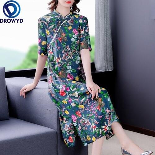 Summer Print Mulberry Silk Midi Dress 2021 Vintage Casual Short Sleeve Maxi Dresses Elegant Women Elegant Bodycon Party Vestidos