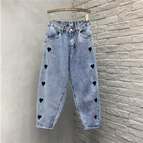 2021 spring summer women hearts embroidery loose casual jeans plus size high waist denim ankle length Harem pants S-3XL A416