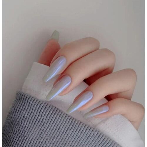 24pcs/Set European Coffin Fake Nails White Purple Long Ballerina Acrylic Nail Art Tips with Glue Press on Nails Faux Ongles