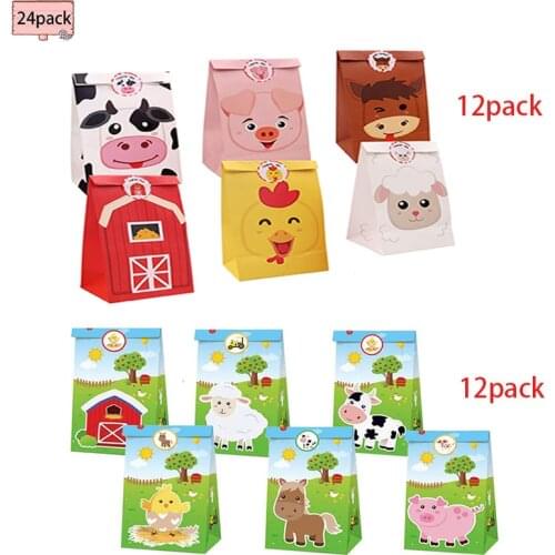 24pcs Farm Party Supplies Candy Bags Gift bags with Cartoons animal prints Baby Shower Favors Pig Cow Party Decor Sweet Gift Box