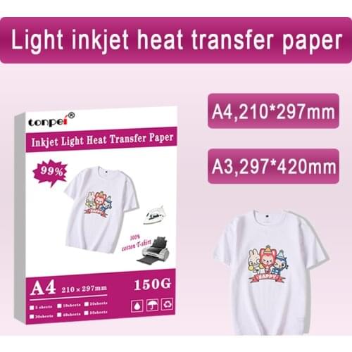 A3 A4 Iron On T Shirt Heat Transfer Paper For Light Color 100% Cotton Fabrics Cloth Inkjet Printing Design For DIY Gifts