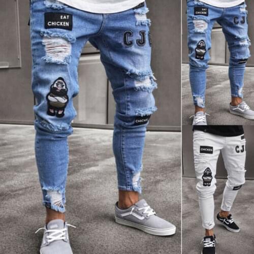 Fashion Mens Ripped Skinny Jeans Destroyed Frayed Slim Fit Denim Pant Male Casual Destroyed Frayed Trousers Streetwear