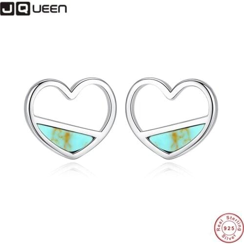 JQUEEN S925 Hollow Heart-shaped Earrings Girl Womens Opal Stud Earrings Jewelry Gift