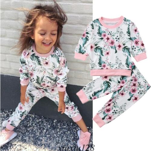 Cute Fashion Sale 2Pcs Newborn Kids Baby Girls Tops Flower Printed Long Sleeve Long Pants Leggings Outfits Clothes