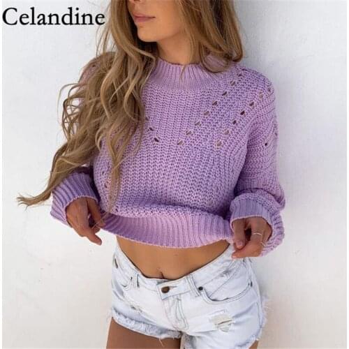 Celandine Fashion Sexy Women Knitted Pullover Long Sleeve Sweater Tops O Neck Casual Cropped Sweater Jumpers Autumn Winter 2020
