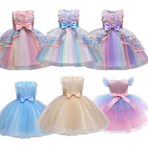 2021 Wedding Party Dress For Girls Layered Bow Lace Costume For Children Sleeveless Multi-color For Kids Birthday Ball Gown