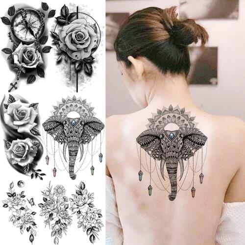Tribal Elephant Pendant Temporary Tattoos For Women Adults Henna Rose Flower Compass Dahlia Fake Tattoo Sticker Back Body Tatoos
