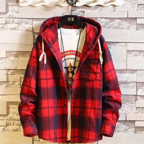 Casual Brand With Hooded Plaid Shirt MenS Fleece Red Shirts Long Sleeves 2020 New Spring Autumn Plus OverSize M-6XL