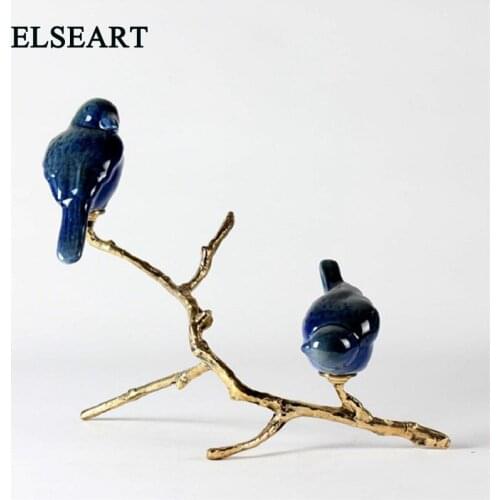 European style luxury high top metal ceramic tree blue bird lovers for American living room home decoration