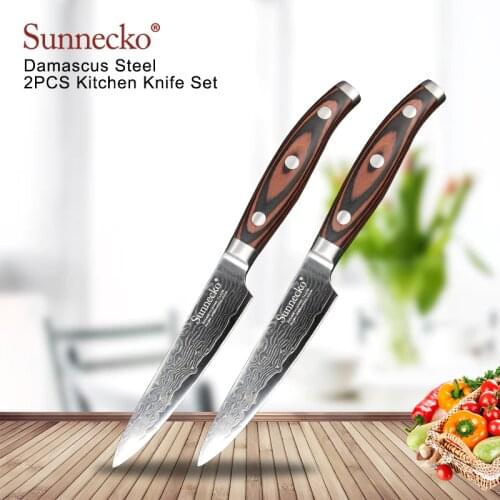 SUNNECKO 2PCS Kitchen Utility Knife Set Japanese Damascus VG10 Steel Sharp Strong Cutting Tools Pakka Wood Sanding Handle Gift