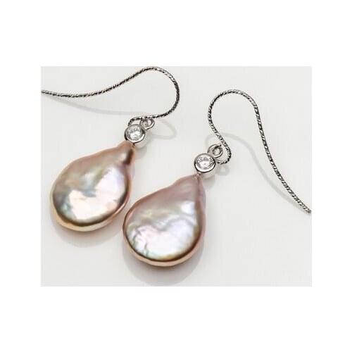 13.8-14.3mm Light Purple Genuine Freshwater Pearl Earrings 925 Sterling Silver