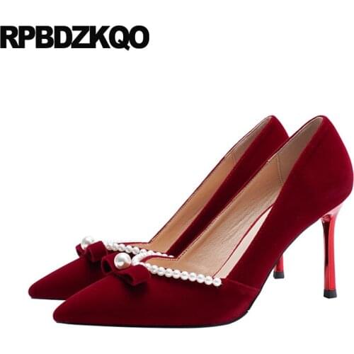 Pearl Wedding Thin Bride Pointed Toe Evening Pumps Red Stiletto Heels Bow European Women High Girls Bridesmaid Shoes Scarpin