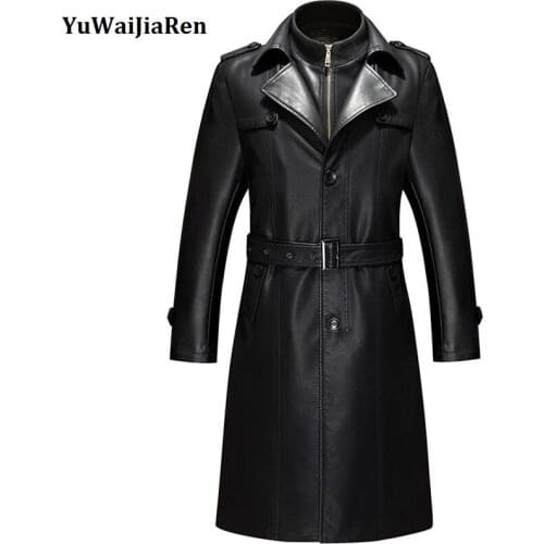 YuWaiJiaRen X-Long Leather Jacket Men Classic Black Suit Collar Mens Clothing Male Autumn and Winter Lengthen Trench blouson