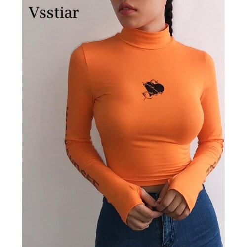 Vsstiar Orange Heart Print T-Shirt Casual High Neck Slim Sexy Tees Shirts Female Autumn Winter Fashion Long Sleeve Top Women