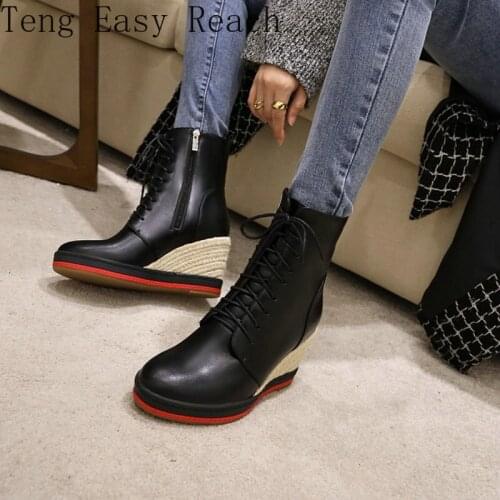 2021 New Women Designer Wedges High Heels Woman Ankle Boots Winter Lace-up Female Boots Platform Size 43 Women Shoes