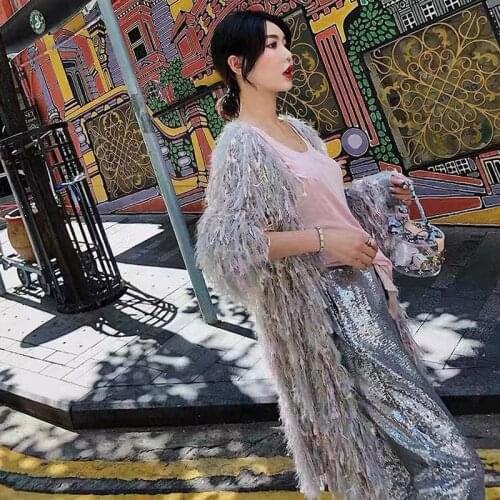 Luxury Shiny Sequins Knit Fringed Sweater Cardigan Korean Women Mohair Winter Loose Handmade Crocheted Jacket Fluffy Long Coats