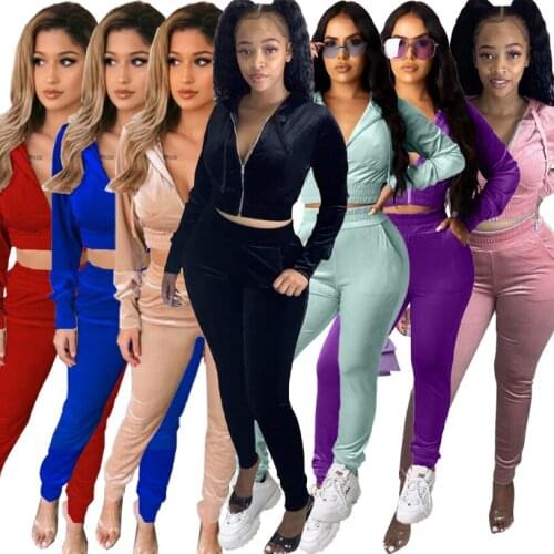 New Autumn 2021 Women Solid Color Tracksuits Outfits High Elastic Waist Zipper Short Hoodies Hot Selling Velvet Two Piece Sets