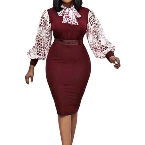 Women Business Dress Splicing Slim Zipper Closure Bow Knot Lantern Sleeve Dot Printing High Waist Slim Pencil Dress Women Dress