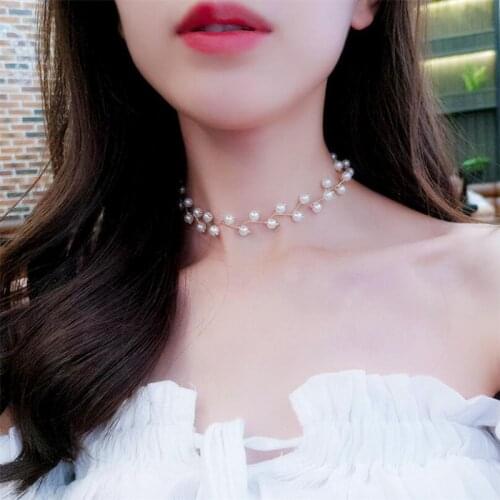 Fashion Pearl Choker Necklace Women Gold Color Multilayer Chain Imitation Pearls Pendant Necklace Wedding Jewelry Bride Necklace