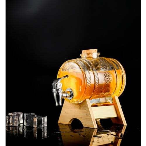 1000ML Glass Barrel Whiskey Decanter Beer Dispenser Lead Free Decanter For Scotch Bourbon Rum Brandy Water-tap Wooden Bracket