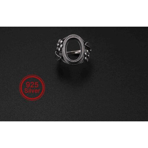 10x14MM Vintage Style Antiqued Solid 925 Sterling Silver Oval Bezel Flower Adjustable Ring Settings for Cabochon Stone 1223103