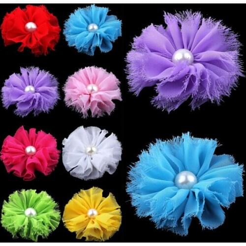 120pcs/lot 3" 16colors Chic Shabby Chiffon Flowers With Pearl For Hair Accessories Fluffy Frayed Fabric Flowers For Headbands