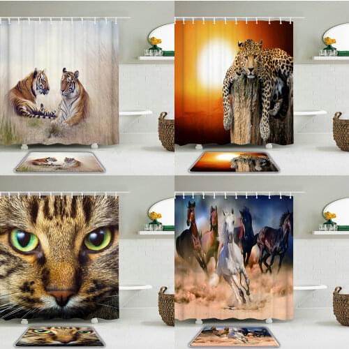 2Pcs / Set of Animal Tiger, Funny Cat, Shower Curtain Bath Carpet Set Toilet Cover Bath Mat Cover Bathroom Pendant Curtain