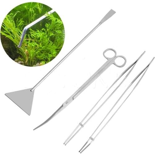 4 In 1 Aquarium Plant Tools Curved Straight Tweezer Scissor Sand Shovel Grass Waterweed Clipper Cleaning Set Aquatic Maintaince
