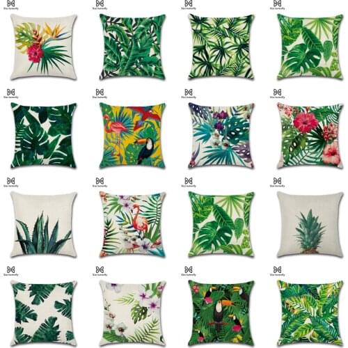 45*45CM Tropical Plants Flowers Cushion Covers Monstera Toucan Linen Pillowcase Palm Green Leaves Decorative Pillow For Car/Sofa