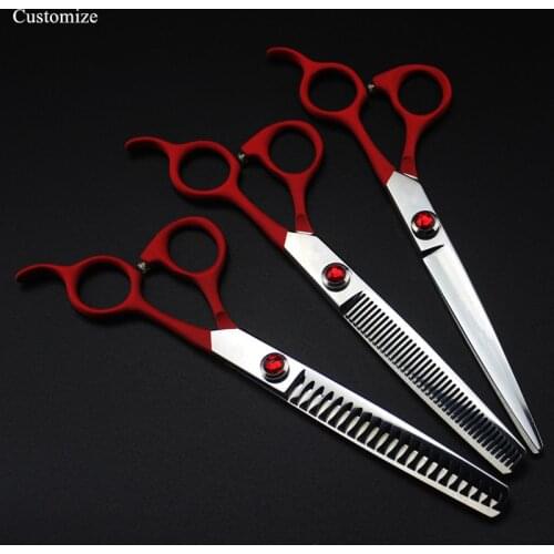 Customize logo 5 kit Japan steel 7 '' red Pet dog grooming cut hair thinning shears curved cutting barber hairdressing scissors