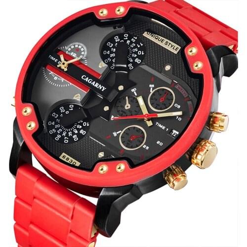 Cagarny Men Gold Watches Red Big Dial Luxury Top Brand Quartz Steel Band Military Wrist Watches for Men Auto Date Dual Time