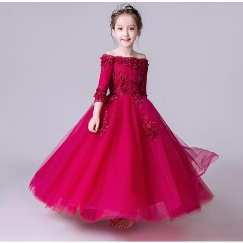 Glizt Floral Red Tulle Flower Girls Dresses For Wedding Girl Formal Birthday Party Dress Princess Gown Long First Communion Gown