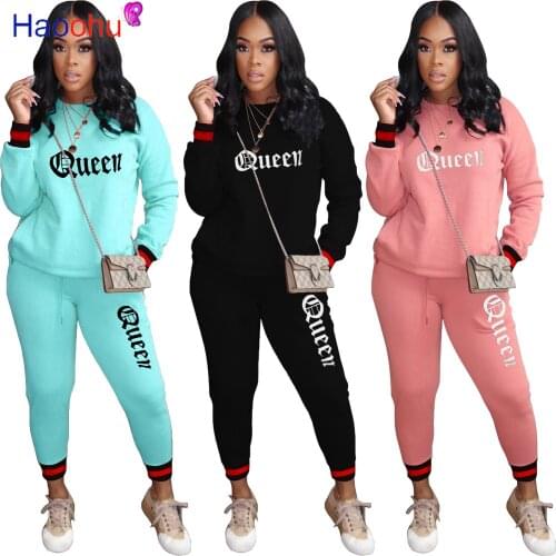 HAOOHU Active Queen Letter Elastic Sweatsuit Two 2 Piece Set for Women Fitness Outfit Sweatshirt Legging Pants Set Tracksuit