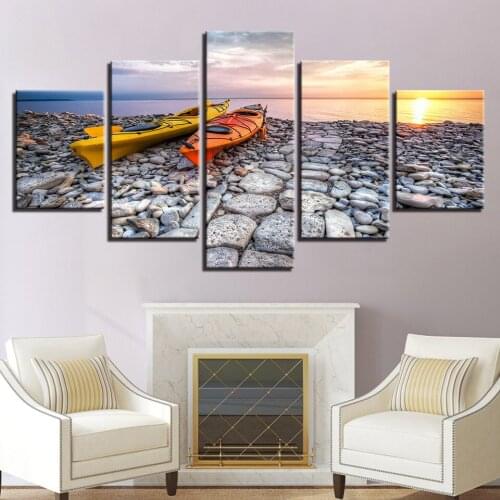 Canvas Paintings Home Decor Art Prints Poster 5 Pieces Sunset Ship Boat Stone Road Seascape Living Room Framework