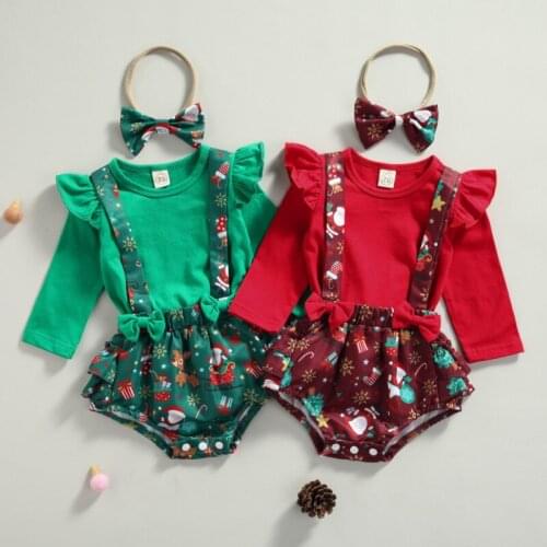Baby Girls Three-piece Clothes Set, Long Sleeve Tops, Printed Pattern Suspender Bloomers and Headdress for Christmas