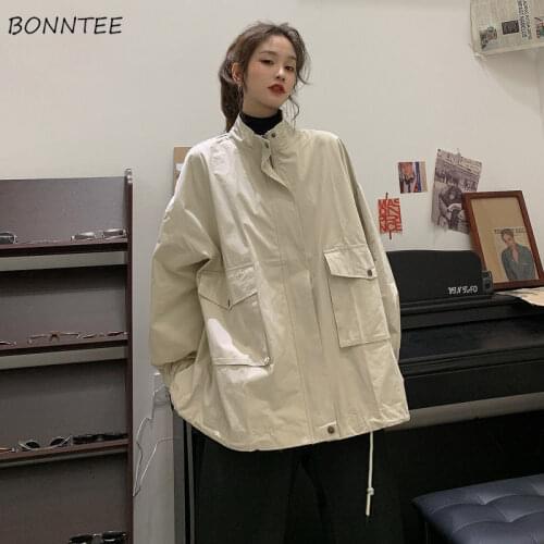 Basic Jackets Women Loose Zipper Stand-collar Simple Solid Fashion Harajuku Korean Style Streetwear Long-sleeved Autumn Lovely