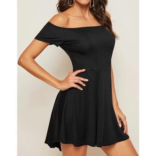 Summer Spandex Womens Dress Slash Neck Short Sleeve Pullover Black Solid Dew Shoulder Backless Fashion Streetwear Dress