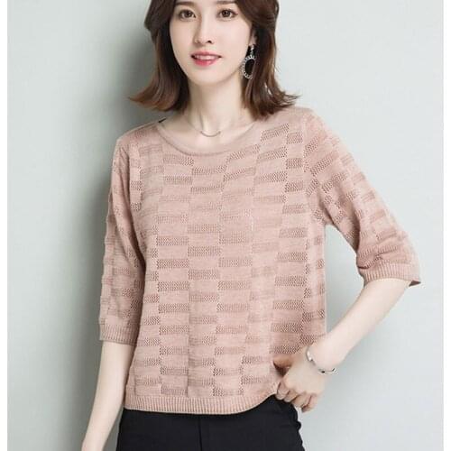 Summer Half Sleeve Women Knitted Tops Casual Crochet Hollow Out Pullovers Thin O-Neck Jumper Knit Korea Knitwear Female Tops
