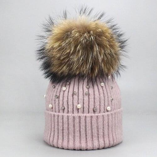 Fashion Women Girl Beanies Cap Real Raccoon Fur Pom Pom Pearl Knitted Hat Winter Wool Warm Female Beanie Cap Casual Skullie Bone