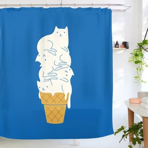 Cartoon Shower Curtain Ice Cream Cats Printing Partition Hanging Water Resistance Fabric for Bath Home Bathroom Decor