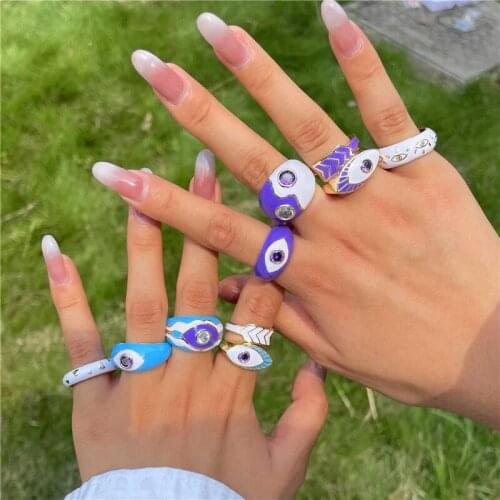 HANGZHI New Colorful Dripping Oil Glaze Rhinestone Devil Eyes Rings Geometric Irregular 2021 for Women Girl Party Jewelry