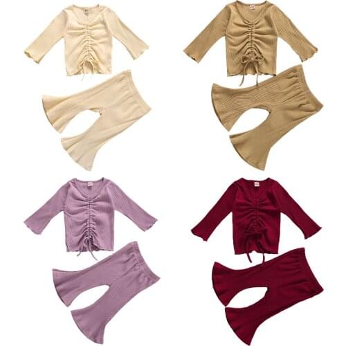 2020 Autumn Newborn Baby Girls Clothing Set Toddler Long Sleeve V-neck Drawstring Ruffle Top + Flared Long Knitted Pants 0-3T