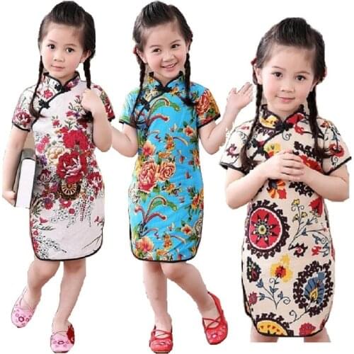 Flower Baby Girl Dresses Summer Fashion Children Qipao Chinese New Year Girls Cheongsam Clothes Outfits Floral Chi-Pao Dress