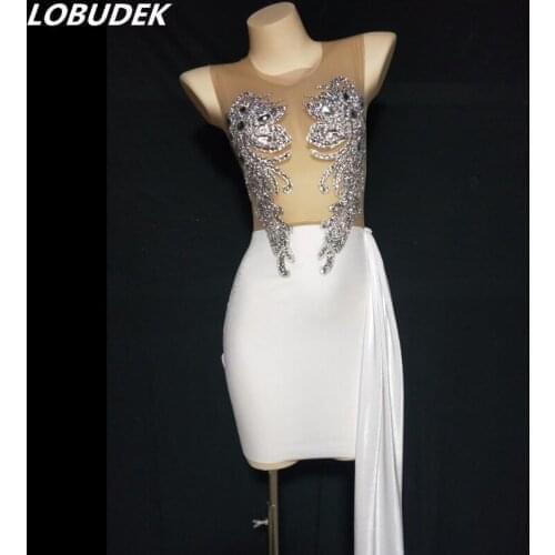 Luxury Rhinestones Transparent Velvet Short Dress Women Fashion Birthday Celebrate Evening Party Model Singer Show Stage Costume