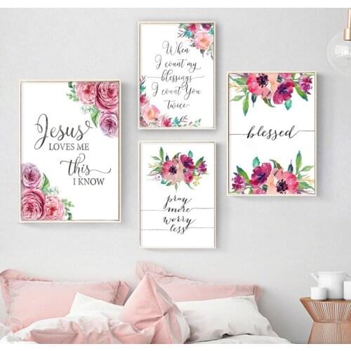 Christmas Blessed Quote Canvas Art Poster Watercolor Flower Print Painting Wall Picture for Living Room Scandinavian Home Decor
